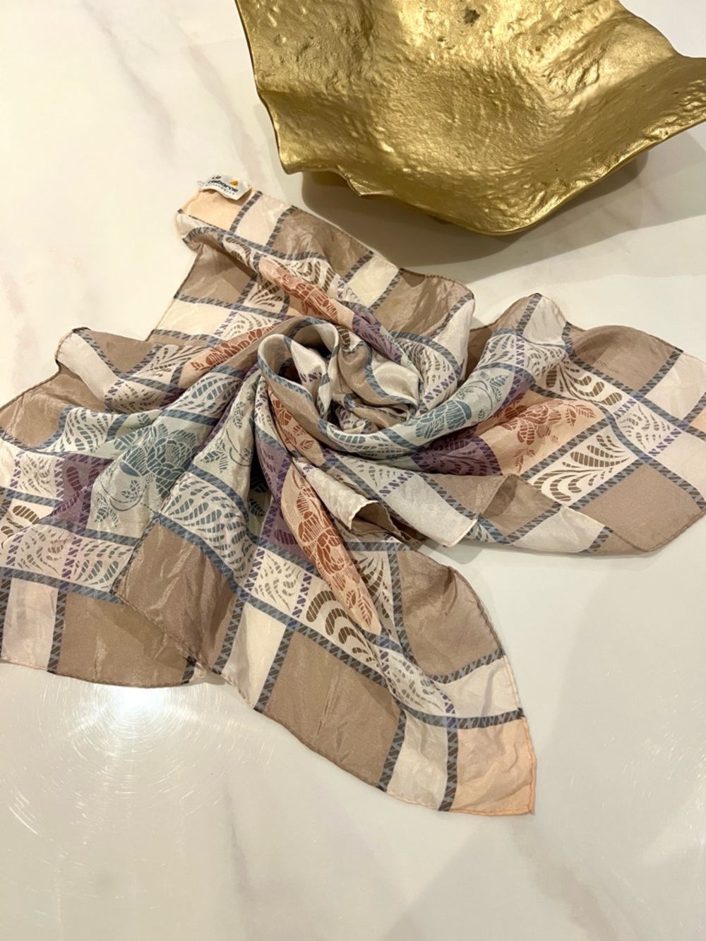 100% silk Neutral Plaid Silk Scarf with Pastel Accents